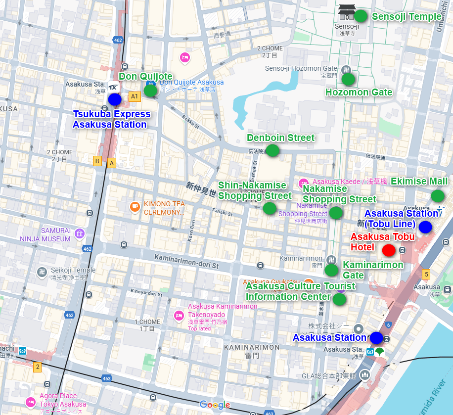 Map of Asakusa with Asakusa Tobu Hotel and nearby attractions