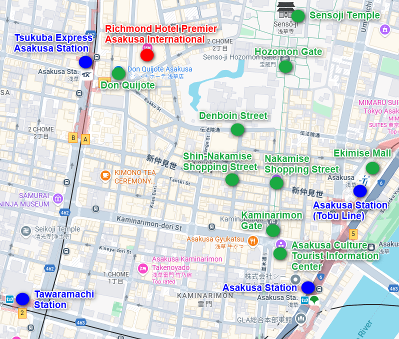 Map of Asakusa with Richmond Hotel Premier Asakusa International and nearby attractions