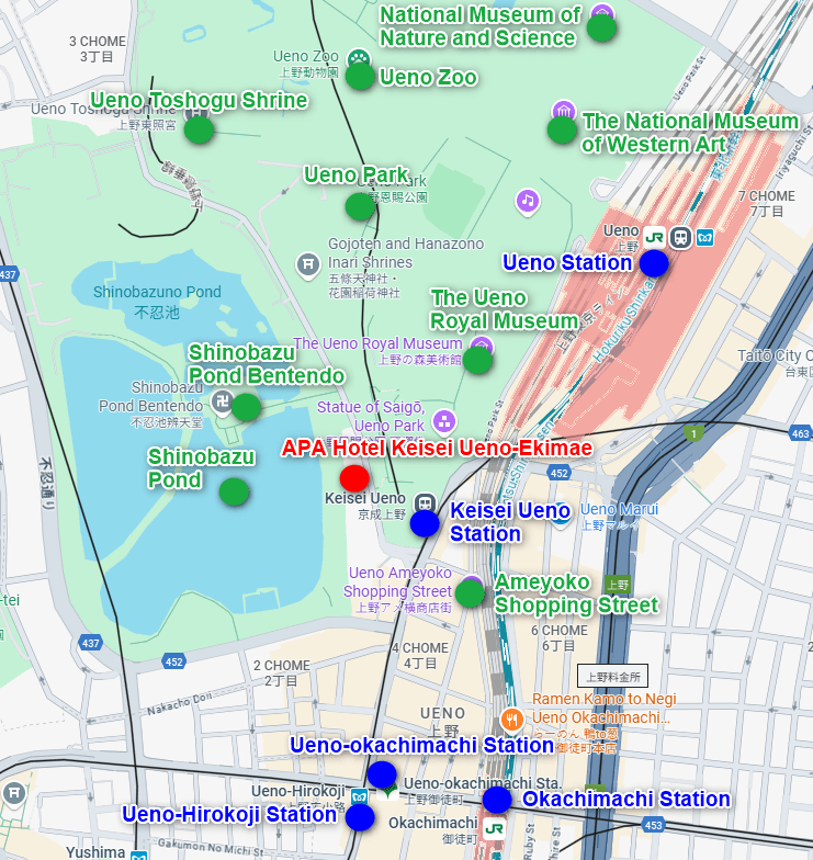 Map of Ueno with APA Hotel Keisei Ueno-Ekimae and nearby attractions
