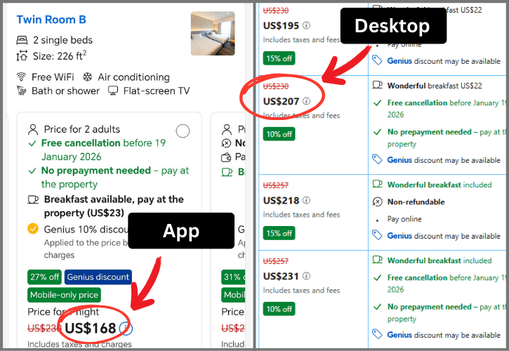 App vs Desktop Pricing from Booking.com
