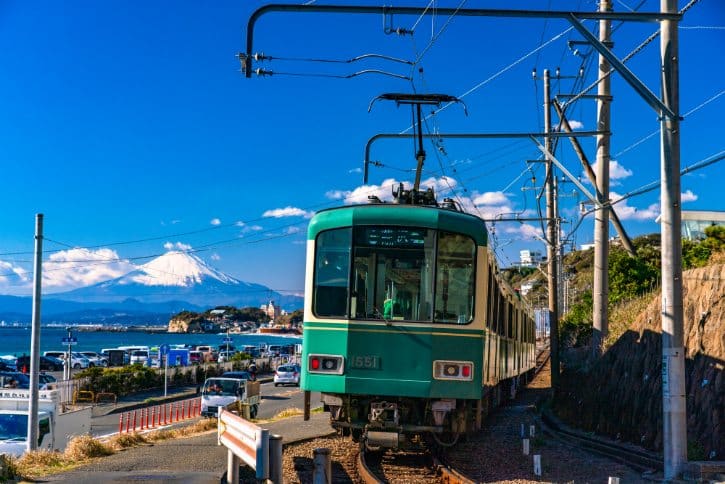 Enoden Train With Mount Fuji