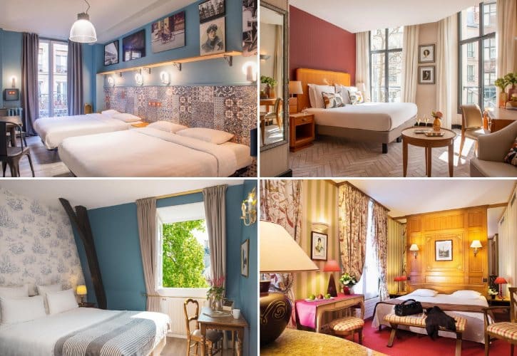 Collage of four hotel rooms: top-left twin beds with a blue wall and gallery above; top-right king bed with seating area by large windows; bottom-left bright room with a window and desk; bottom-right ornate wood-paneled room with plush seating and lamps.